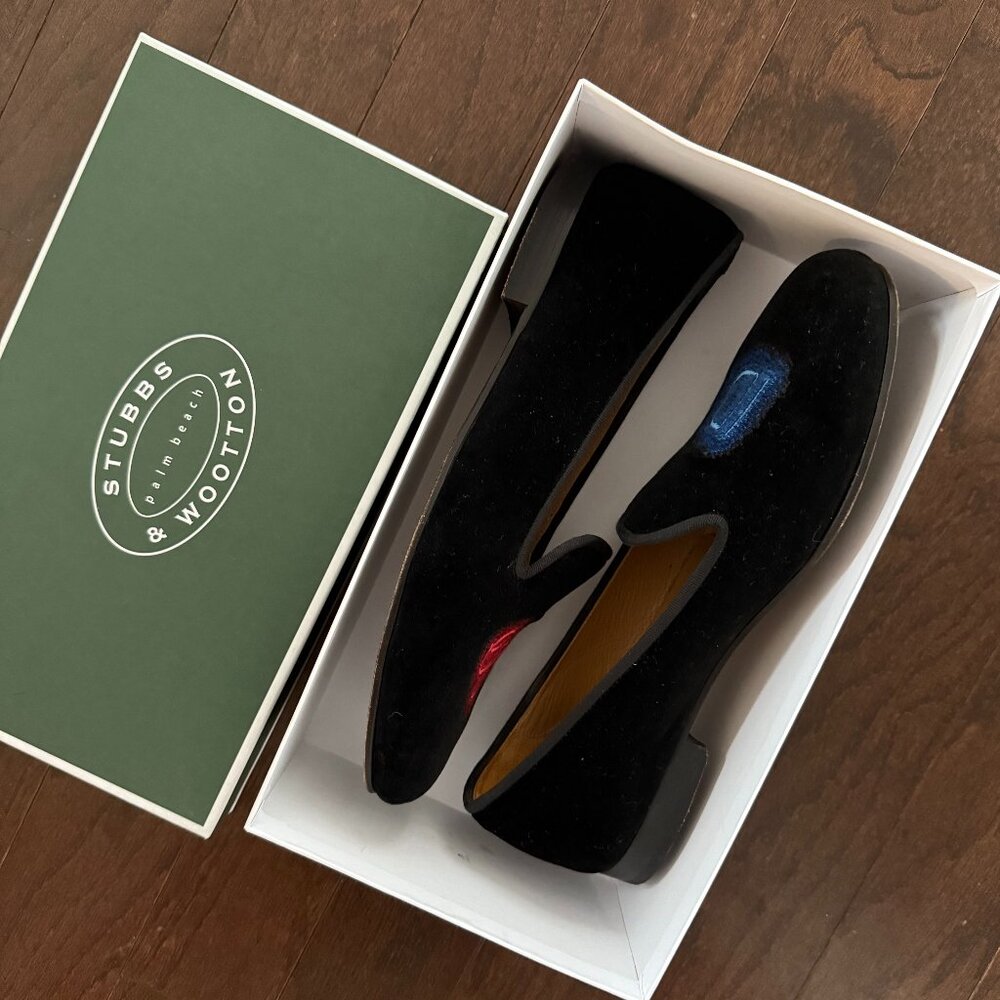 Stubbs & Wootton Black Loafers with Blue and Red Accents